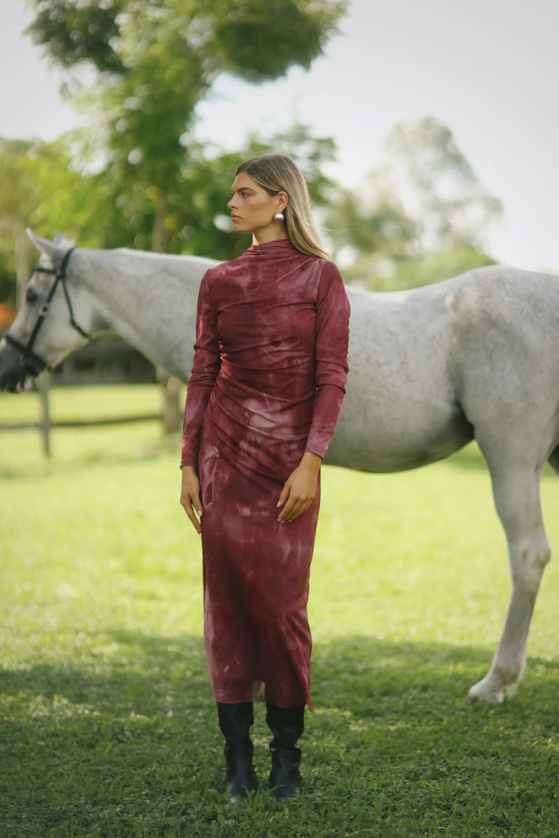 Burgundy Mesh Watercolor Dress